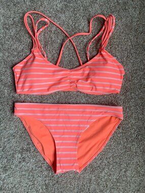 Aerie Women's 2-Piece Bikini Set, Pink/Coral Stripe, size M/S NWT